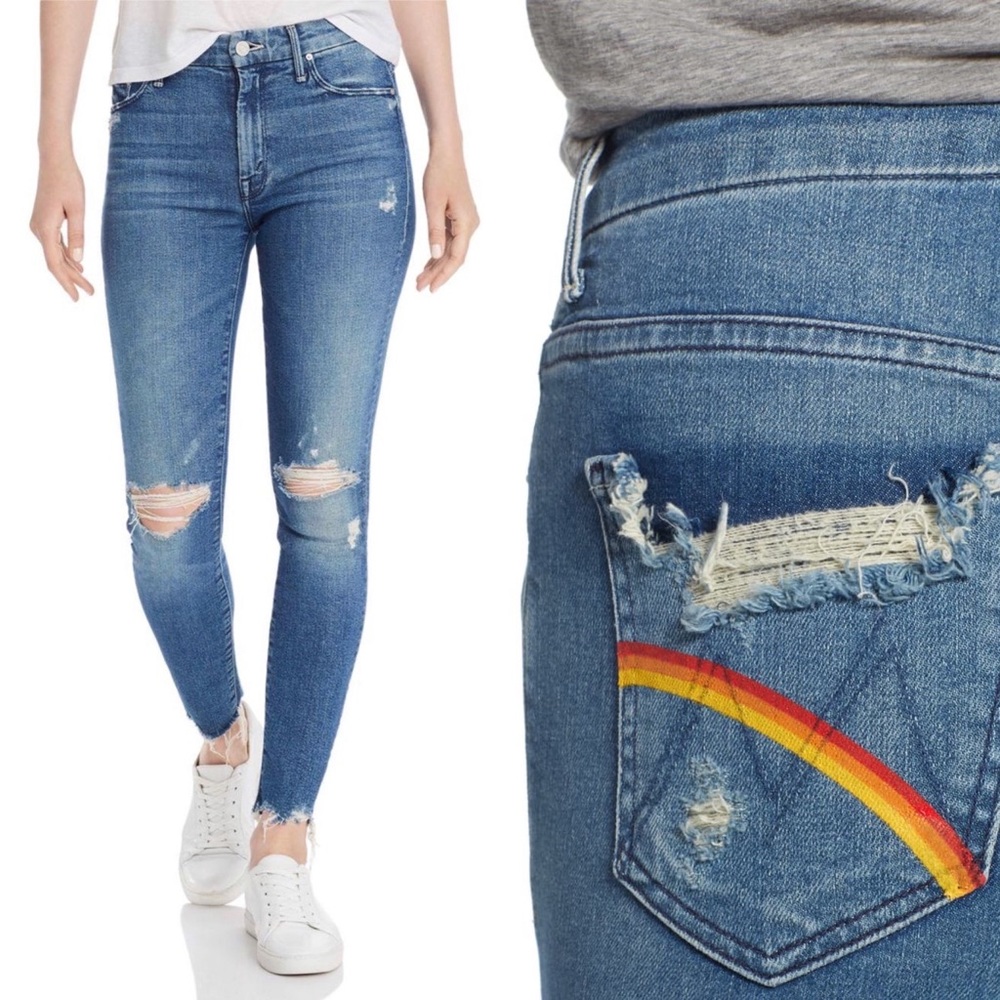 🌈 Mother Denim sz 26 High Waisted Looker Ankle Chew Learning To Hula Rainbow
